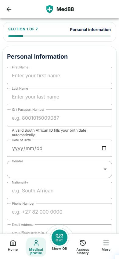 Actual Med88 medical profile screen with personal-information fields and bottom navigation